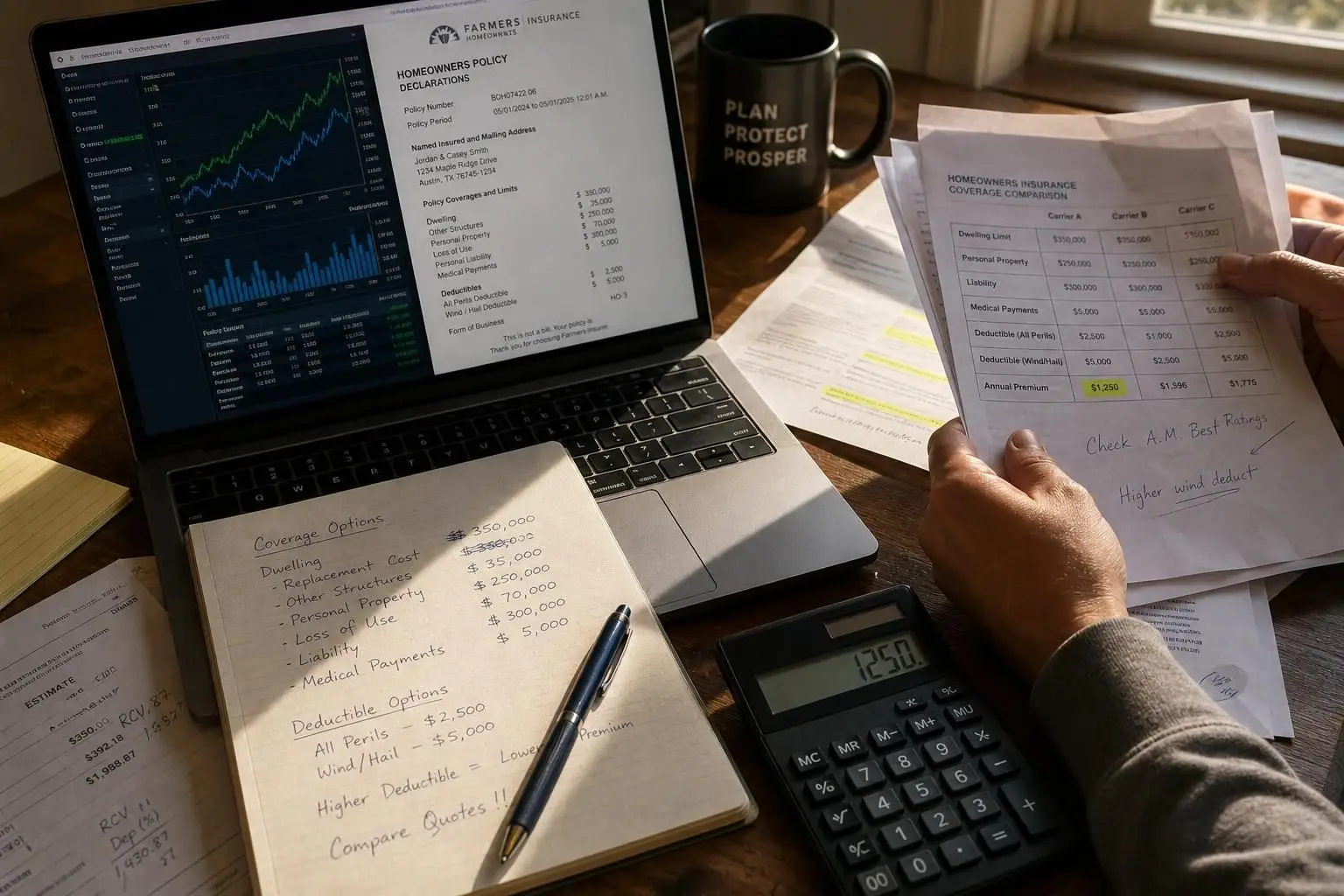 A desk workspace features a laptop with financial charts, notes, documents, and a calculator, emphasizing organization and analysis. A desk workspace features a laptop with financial charts, notes, documents, and a calculator, emphasizing organization and analysis.
