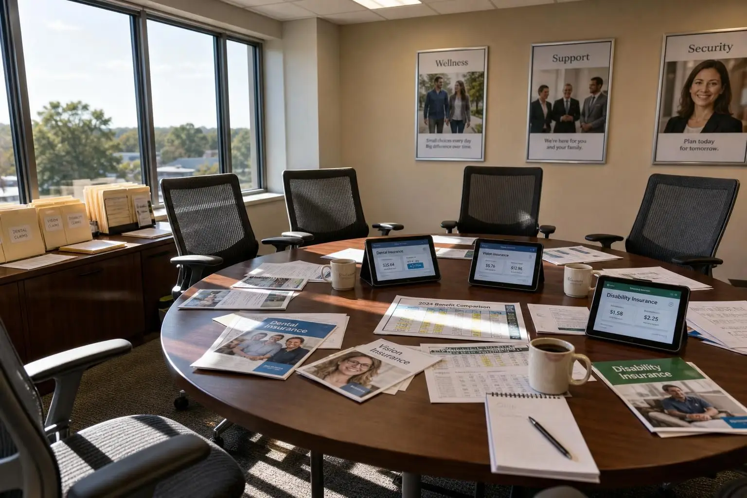 A modern conference room set up for discussing dental, vision, and disability insurance with organized materials and equipment. A modern conference room set up for discussing dental, vision, and disability insurance with organized materials and equipment.
