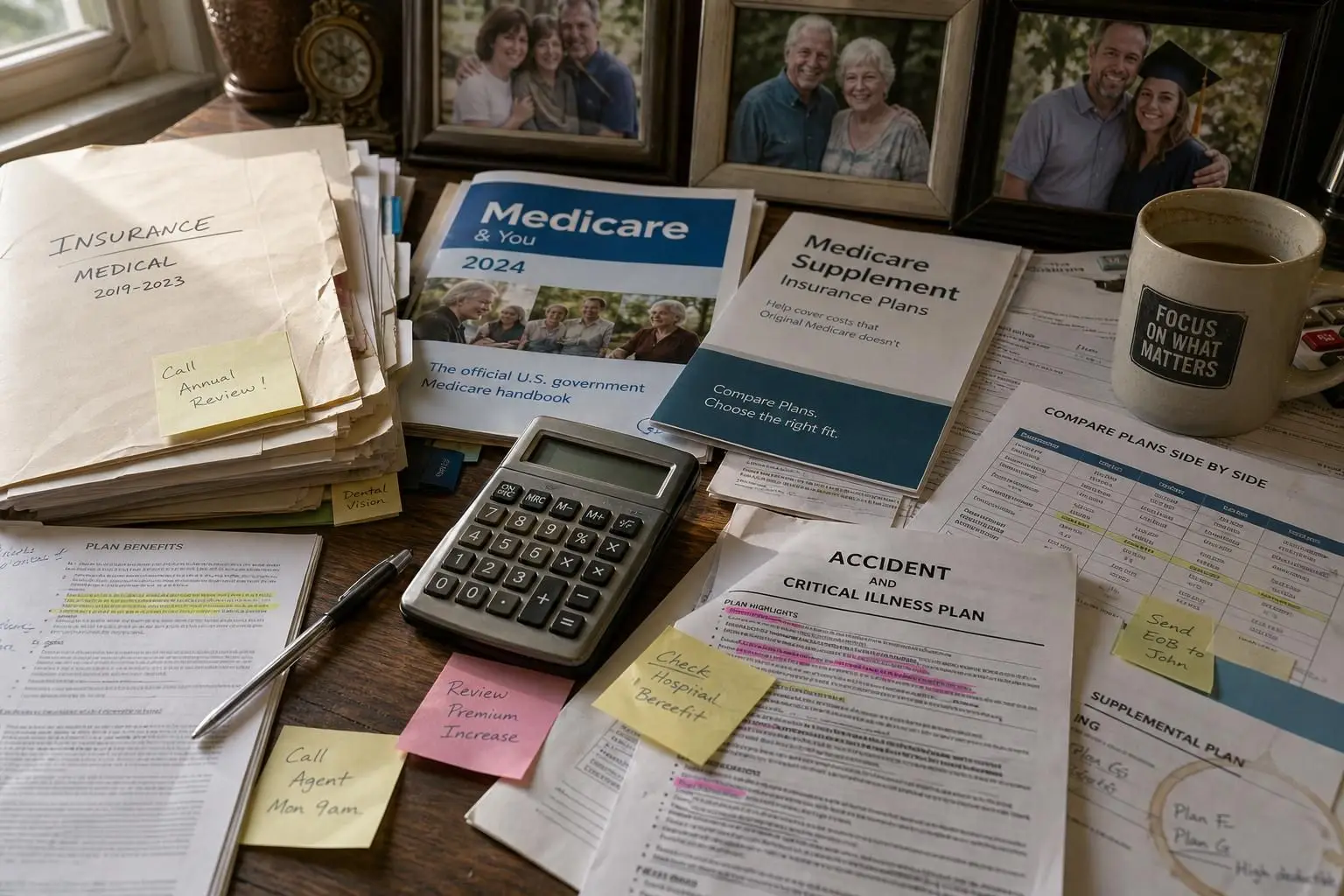 An organized chaos of insurance documents and materials occupies a weathered wooden desk, reflecting a busy administrative workspace. An organized chaos of insurance documents and materials occupies a weathered wooden desk, reflecting a busy administrative workspace.