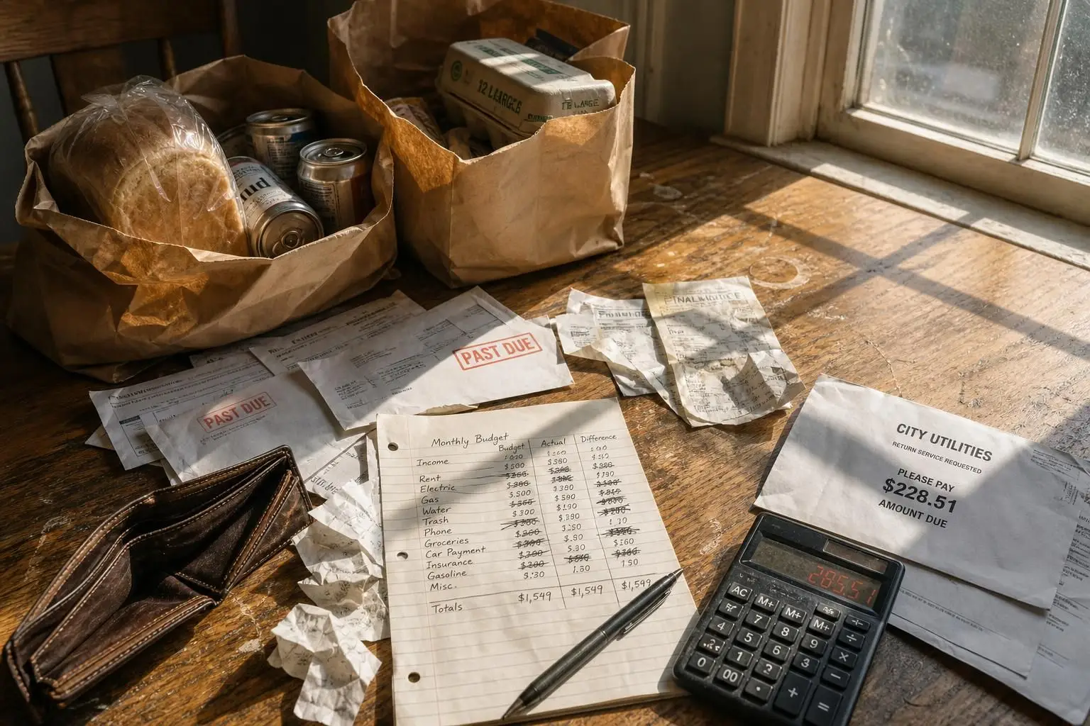 A cluttered kitchen table displays bills, a budget, and groceries, reflecting a family's financial struggle. A cluttered kitchen table displays bills, a budget, and groceries, reflecting a family's financial struggle.