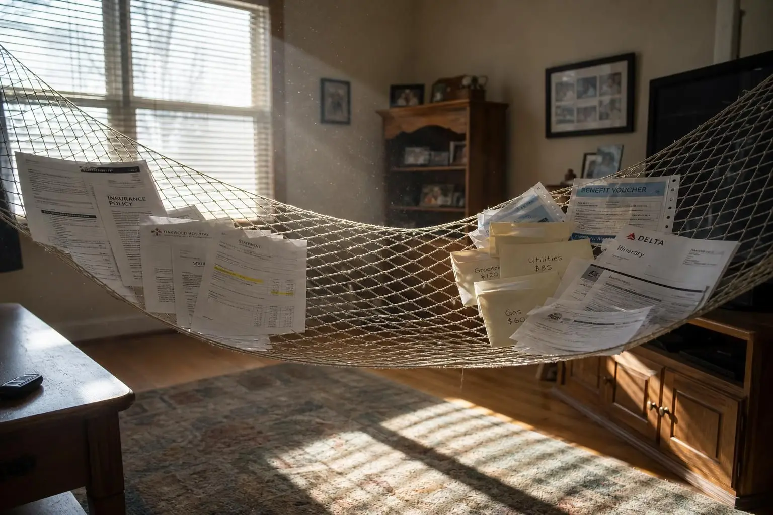 A translucent safety net holds various financial documents, bills, and vouchers in a modest suburban living room. A translucent safety net holds various financial documents, bills, and vouchers in a modest suburban living room.