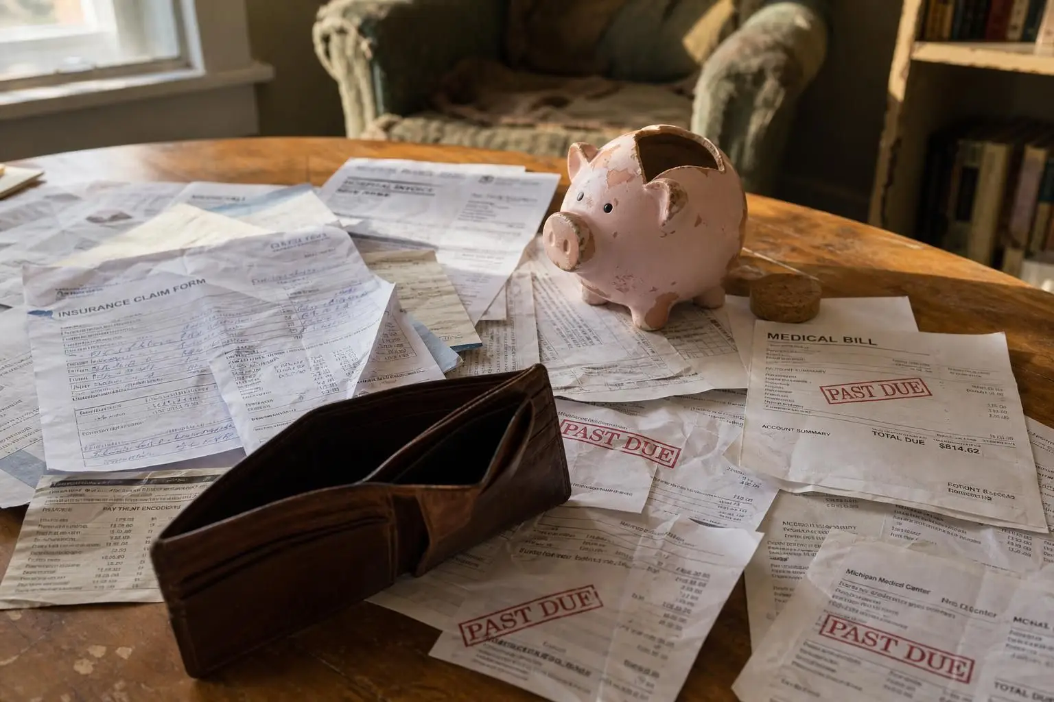 A cluttered kitchen table showcases overdue medical bills, an empty wallet, and a ceramic piggy bank amidst financial chaos. A cluttered kitchen table showcases overdue medical bills, an empty wallet, and a ceramic piggy bank amidst financial chaos.