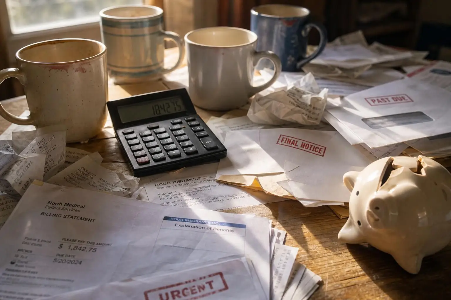 A cluttered wooden desk features medical documents, coffee mugs, receipts, and a cracked piggy bank amidst everyday chaos. A cluttered wooden desk features medical documents, coffee mugs, receipts, and a cracked piggy bank amidst everyday chaos.