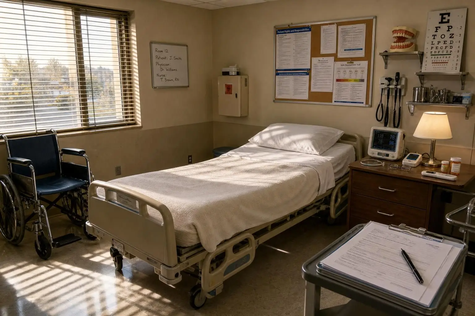 A hospital room features a bed, medical equipment, a wheelchair, and various healthcare materials arranged neatly.