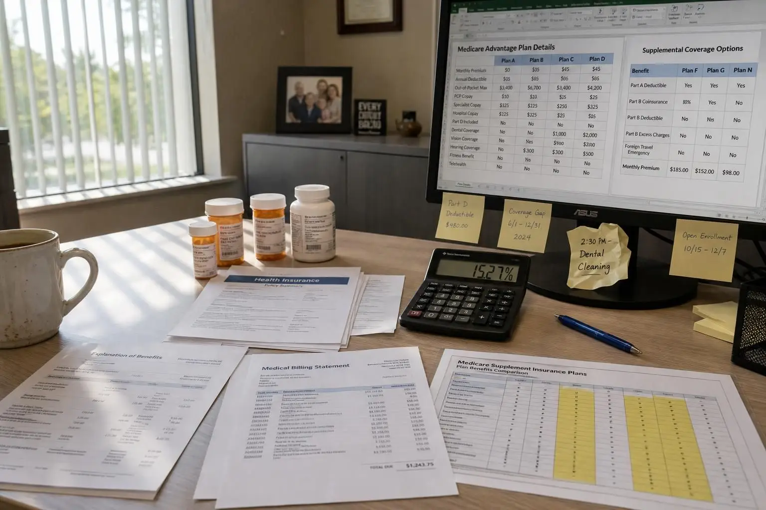 A tidy Michigan office workspace displays health insurance documents, billing statements, and personal items on a light oak desk. A tidy Michigan office workspace displays health insurance documents, billing statements, and personal items on a light oak desk.