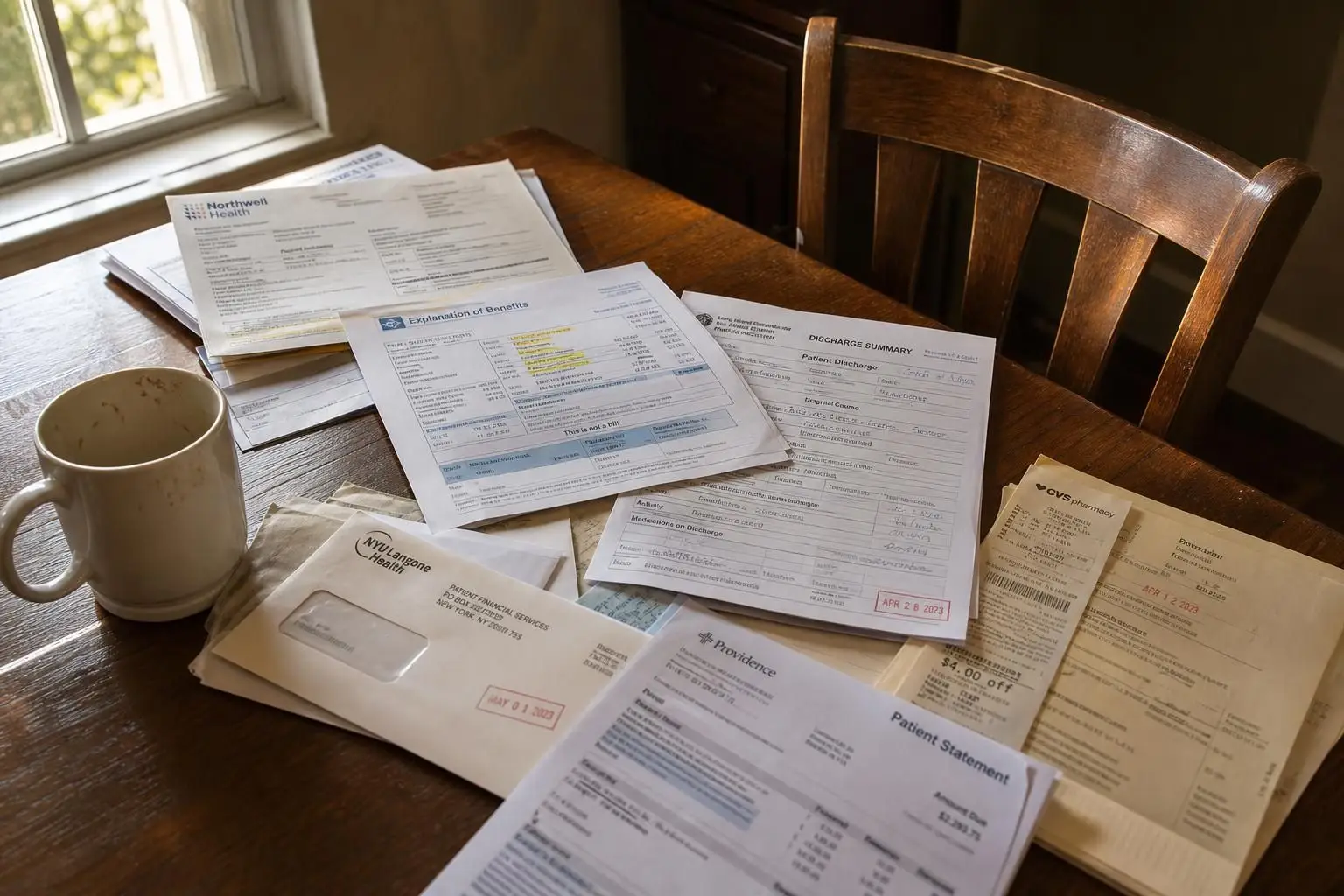 A cluttered kitchen table displays scattered medical documents, insurance paperwork, and bills, indicating an ongoing organization of healthcare records. A cluttered kitchen table displays scattered medical documents, insurance paperwork, and bills, indicating an ongoing organization of healthcare records.