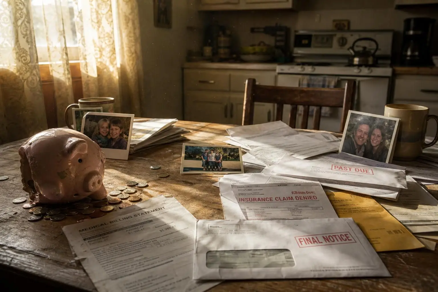 A weathered kitchen table is cluttered with medical bills, photos, and a tipped-over piggy bank, reflecting financial stress. A weathered kitchen table is cluttered with medical bills, photos, and a tipped-over piggy bank, reflecting financial stress.